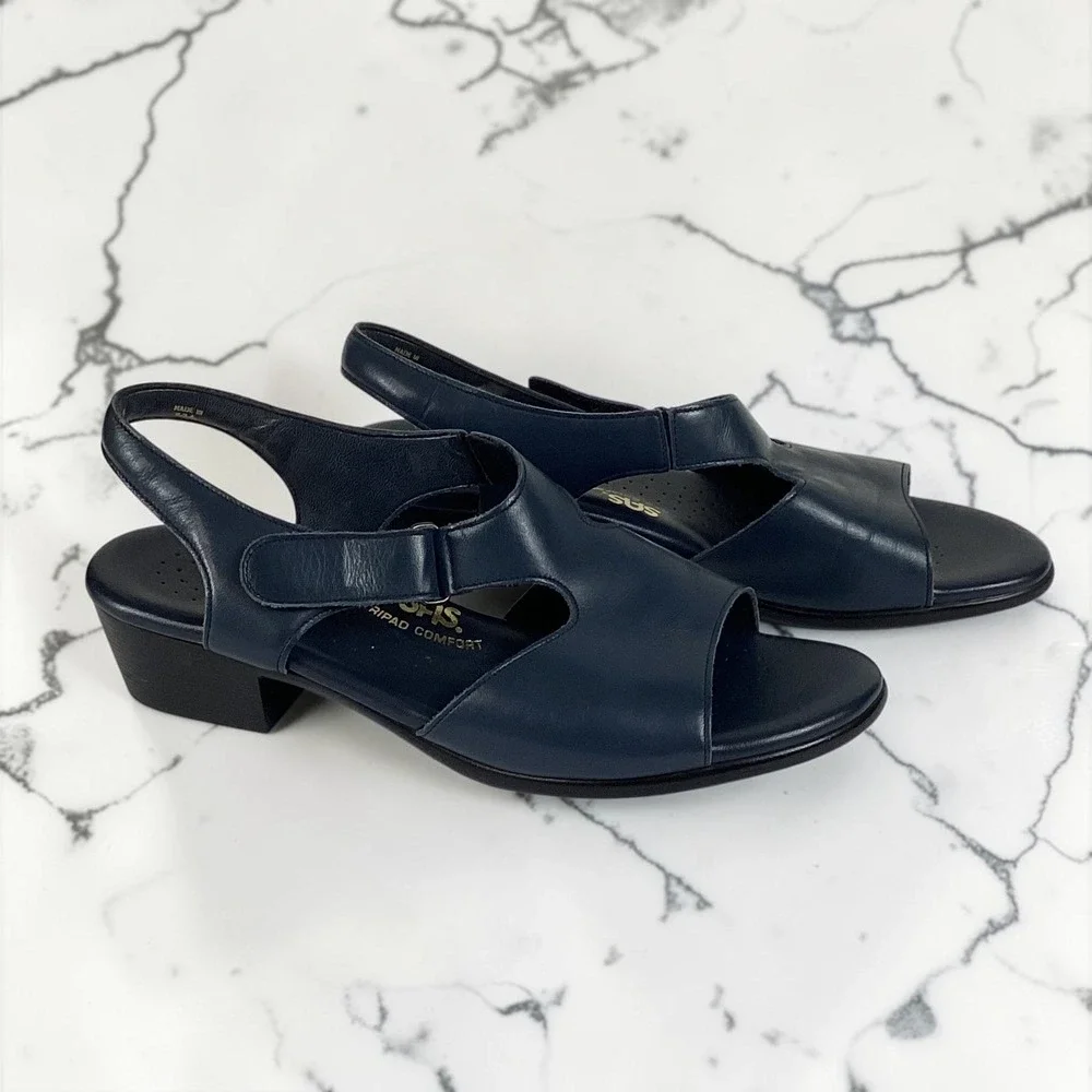 SAS Tripad Comfort Sandals Women's Navy Blue Leather Slingback Block Heel‎ 9.5 N